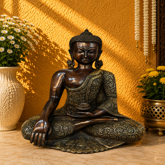 Brassaura® Buddha Bhumisparsha Mudra Sitting Idol with Antique Black & Silver Finish | Pure Superfine Brass Handcrafted Murti | Brass Statue for Home Temple, Pooja Room | Height 17 Inches | Weight 14.5 Kgs