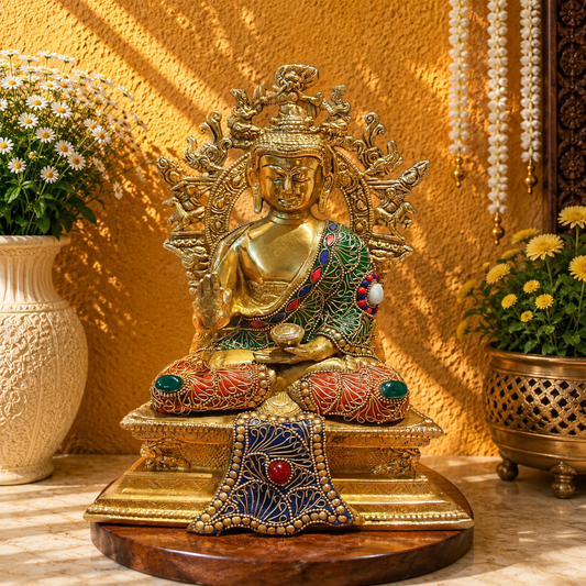 Brassaura® Buddha Sitting in Blessing Mudra Idol with Gem Stone Work Finish and Ornate Backrest | Pure Superfine Brass Handcrafted Murti | Brass Statue for Home Temple, Pooja Room | Height 12 Inches | Weight 5.1 Kgs