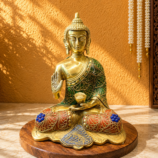 Brassaura® Buddha Sitting in Blessing Mudra Idol with Gem Stone Work Finish | Pure Superfine Brass Handcrafted Murti | Brass Statue for Home Temple, Pooja Room | Height 7.5 Inches | Weight 2 Kgs