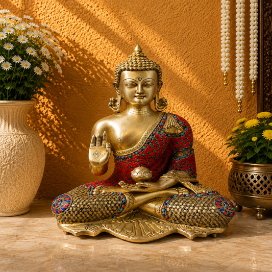 Brassaura® Buddha Sitting in Blessing Mudra Idol with Gem Stone Work Finish | Pure Superfine Brass Handcrafted Murti | Brass Statue for Home Temple, Pooja Room | Height 16 Inches | Weight 10.5 Kgs