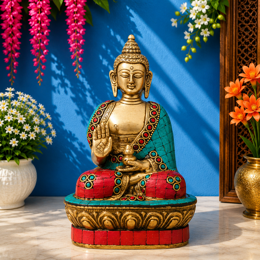 Brassaura® Buddha Sitting in Blessing Mudra Idol with Gem Stone Work Finish and Base | Pure Superfine Brass Handcrafted Murti | Brass Statue for Home Temple, Pooja Room | Height 7 Inches | Weight 1 Kg
