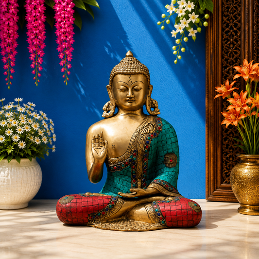Brassaura® Buddha Sitting in Blessing Mudra Idol with Gem Stone Work Finish | Pure Superfine Brass Handcrafted Murti | Brass Statue for Home Temple, Pooja Room | Height 12 Inches | Weight 6.2 Kgs