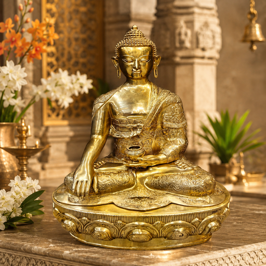 Brassaura® Buddha Bhumisparsha Mudra Sitting Idol with Antique Gold Finish and Lotus Base | Pure Superfine Brass Handcrafted Murti | Brass Statue for Home Temple, Pooja Room | Height 33 Inches | Weight 52 Kgs