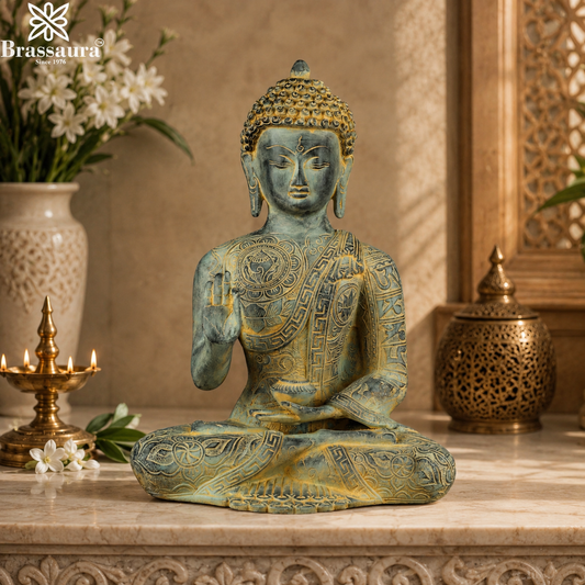 Brassaura® Buddha Sitting in Blessing Mudra Idol with Antique Green & Gold Finish | Pure Superfine Brass Handcrafted Murti | Brass Statue for Home Temple, Pooja Room | Height 13 Inches | Weight 5.6 Kgs