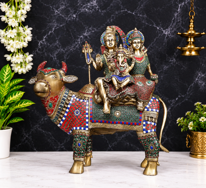 Brassaura® Shiva Family on Nandi Brass Statue | Lord Shiva, Goddess Parvati & Family | Pure Superfine Brass Handcrafted Murti with Intricate Inlay Work | Hindu God Sculpture for Temple & Spiritual Décor | Height 26 Inches | Weight 33.60 Kgs