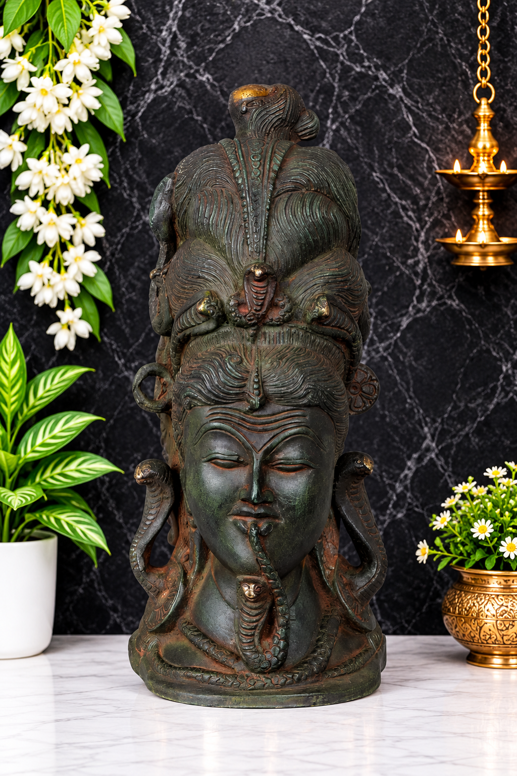 Brassaura® Lord Shiva Head Brass Statue | Pure Superfine Brass Handcrafted Shiva Murti | Hindu God Head Sculpture for Home Temple, Pooja Room & Meditation Décor | Spiritual Brass Idol | Height 10 Inches | Weight 4.20 Kgs
