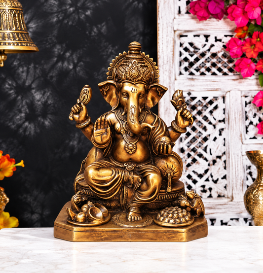 Brassaura® Copper Brown Sitting Ganesha Brass Idol | Intricate Detailing with Modak Base | Height 13 Inches