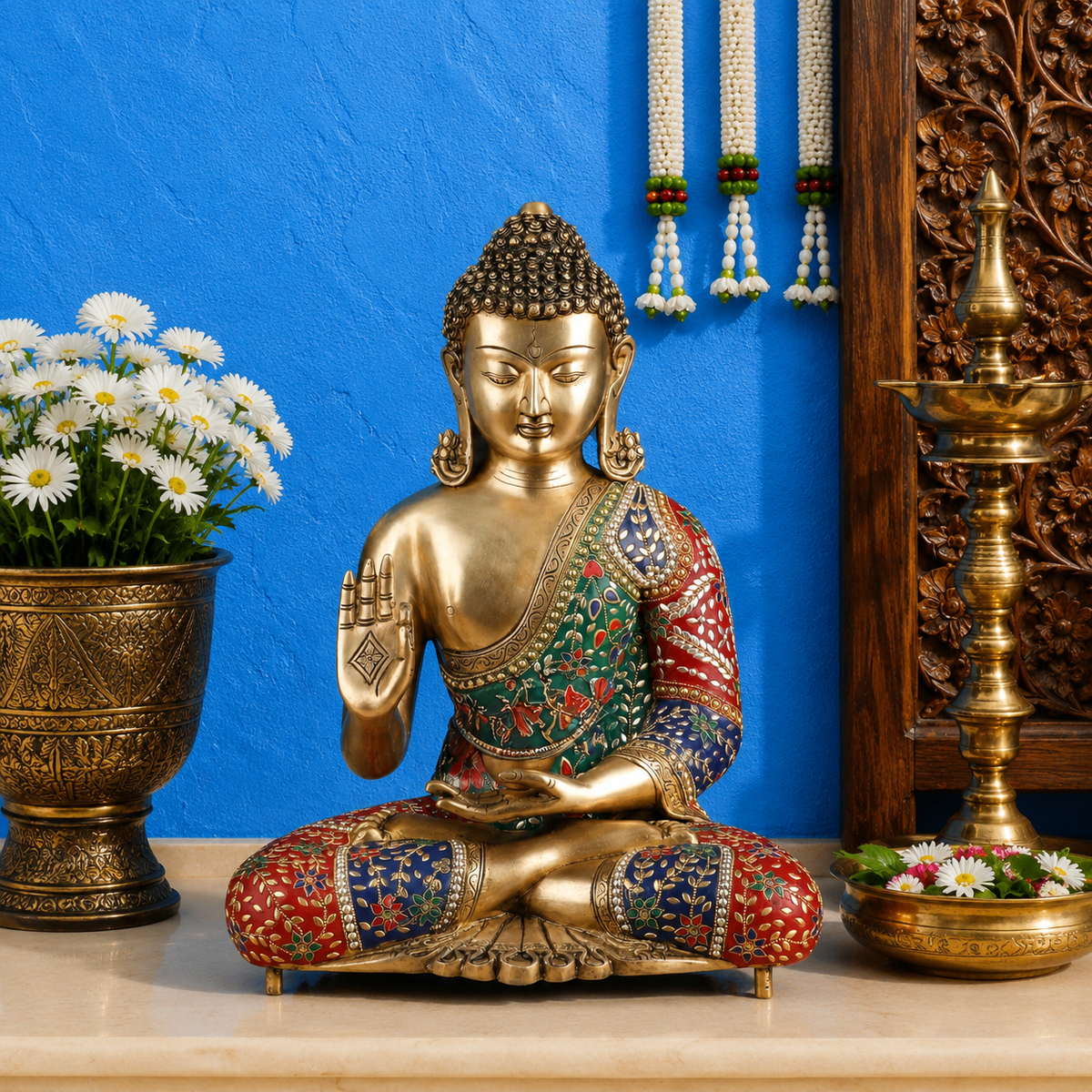 पीतल आशीर्वाद रत्न का काम बुद्ध वज़न 19 किलो और ऊंचाई 20 इंच