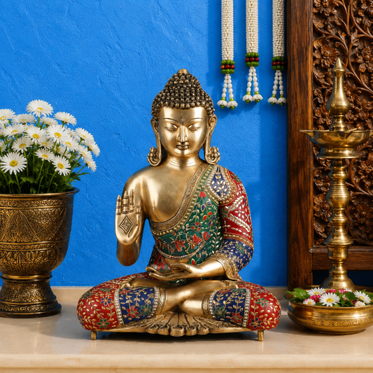 Brassaura® Buddha Sitting in Abhaya Mudra with Multicolour Gemstone Inlay and Polished Brass Finish | Pure Superfine Brass Handcrafted Murti | Brass Statue for Home Temple, Pooja Room | Height 20 Inches | Weight 19 Kgs
