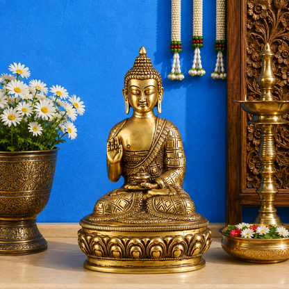 Brassaura® Buddha Sitting in Blessing Mudra Idol with Geometric Robe Detailing and Antique Gold Finish | Pure Superfine Brass Handcrafted Murti | Brass Statue for Home Temple, Pooja Room | Height 9 Inches | Weight 3.8 Kgs