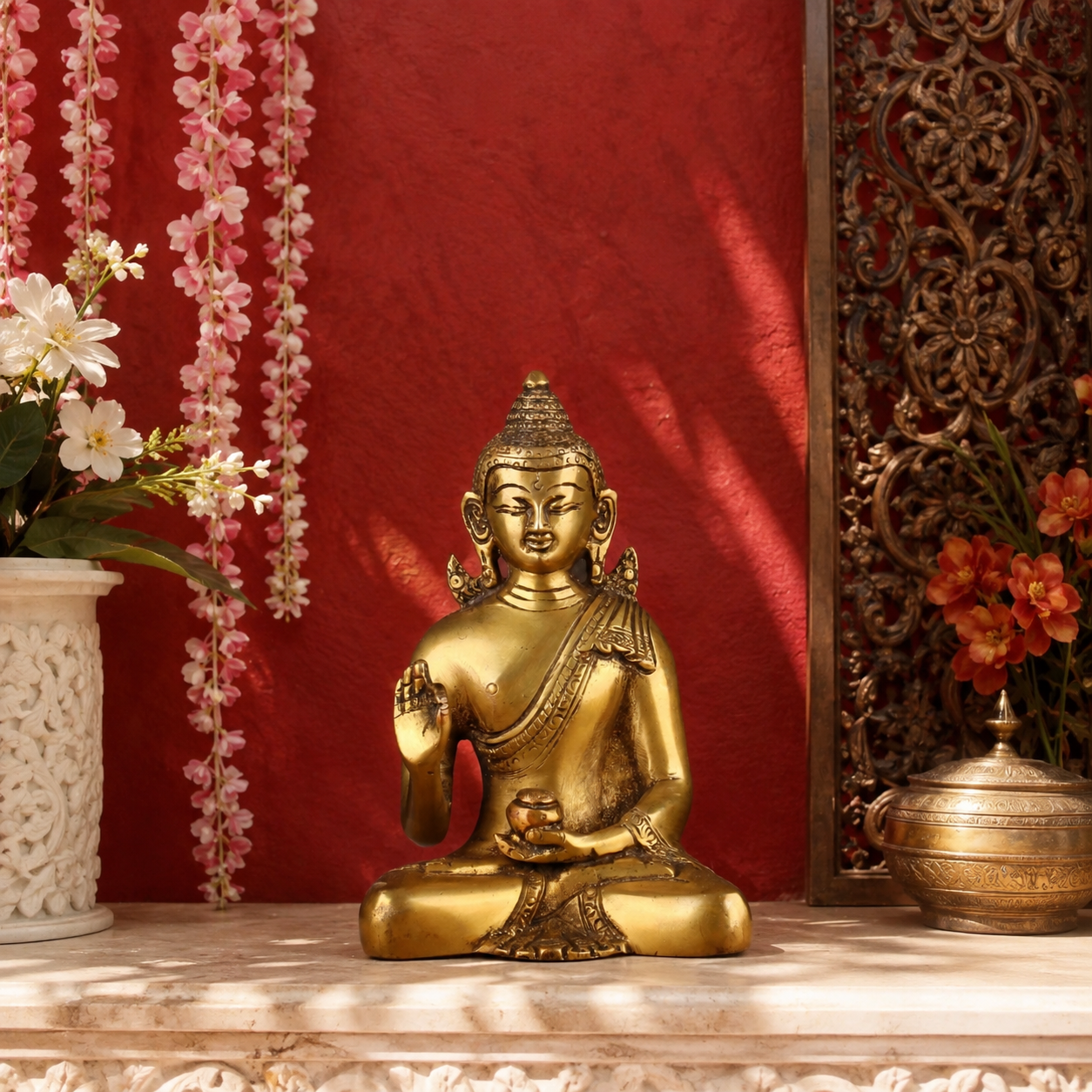 ब्रास ब्लेसिंग रॉयल गोल्डन बुद्ध वज़न 1 किलोग्राम और ऊंचाई 6 इंच