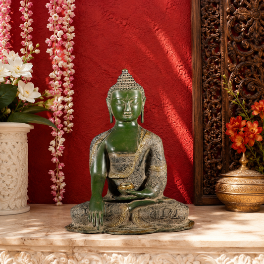 Brassaura® Buddha Sitting in Bhumisparsha Mudra with Green Patina & Silver-Toned Robe Detailing | Pure Superfine Brass Handcrafted Murti | Brass Statue for Home Temple, Pooja Room | Height 16 Inches | Weight 11.1 Kgs