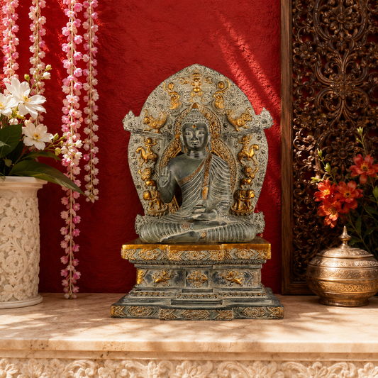 Brassaura® Buddha Sitting in Abhaya Mudra with Ornate Aureole, Silver & Gold Finish | Pure Superfine Brass Handcrafted Murti | Brass Statue for Home Temple, Pooja Room | Height 25 Inches | Weight 25.8 Kgs