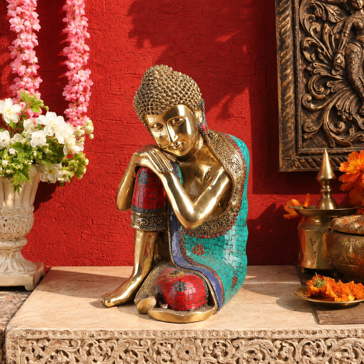 पीतल रत्न जड़ित कार्य बुद्ध वज़न 12.8 किग्रा और ऊँचाई 16.5 इंच
