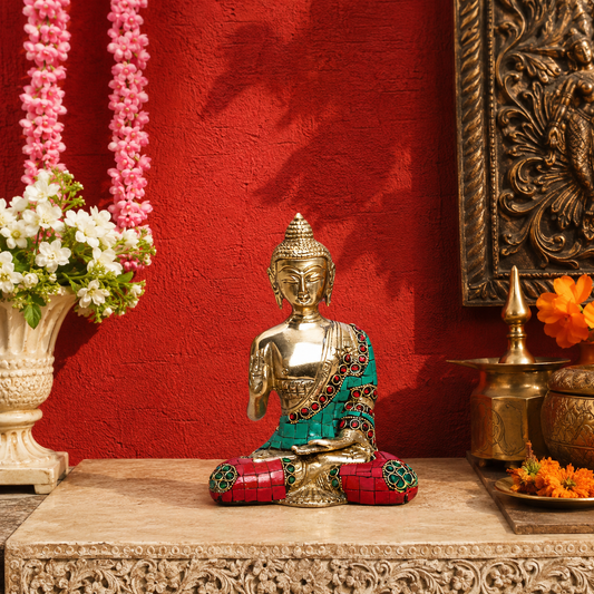 Brassaura® Buddha Sitting in Abhaya Mudra with Red & Turquoise Gemstone Inlay and Antique Gold Finish | Pure Superfine Brass Handcrafted Murti | Brass Statue for Home Temple, Pooja Room | Height 6 Inches | Weight 1.1 Kgs