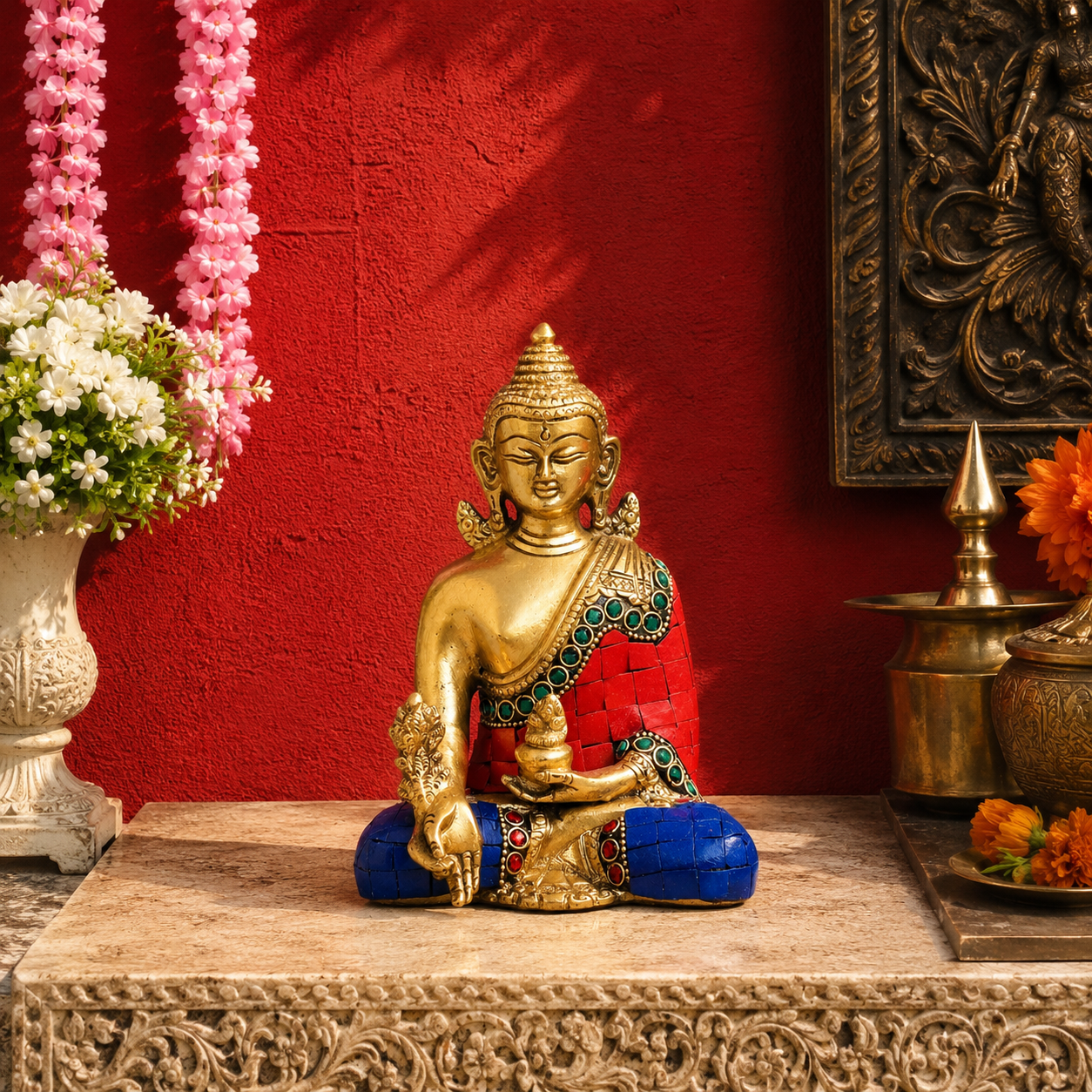Brassaura® Buddha Sitting in Bhumisparsha Mudra with Red & Blue Gemstone Inlay and Silver & Gold Finish | Pure Superfine Brass Handcrafted Murti | Brass Statue for Home Temple, Pooja Room | Height 6 Inches | Weight 1.1 Kgs