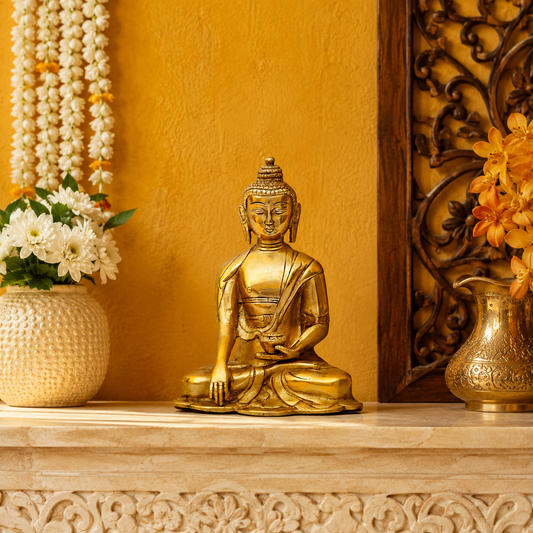Brassaura® Buddha Sitting in Bhumisparsha Mudra with Intricate Robe Detailing and Antique Gold Finish | Pure Superfine Brass Handcrafted Murti | Brass Statue for Home Temple, Pooja Room | Height 6.5 Inches | Weight 1.1 Kgs