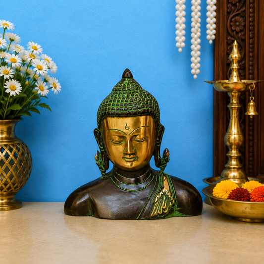 Brassaura® Buddha Bust Idol with Green & Black Patina and Antique Gold Face Finish | Pure Superfine Brass Handcrafted Murti | Brass Statue for Home Temple, Pooja Room | Height 6.5 Inches | Weight 1.6 Kgs