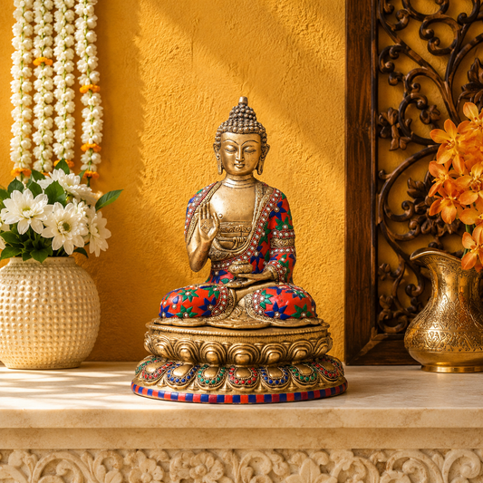 Brassaura® Buddha Sitting in Abhaya Mudra with Red, Blue & Green Inlay and Antique Gold Finish | Pure Superfine Brass Handcrafted Murti | Brass Statue for Home Temple, Pooja Room | Height 13 Inches | Weight 5 Kgs