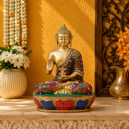 Brassaura® Buddha Sitting in Abhaya Mudra with Red, Blue & Green Inlay and Antique Gold Finish | Pure Superfine Brass Handcrafted Murti | Brass Statue for Home Temple, Pooja Room | Height 9 Inches | Weight 3.5 Kgs