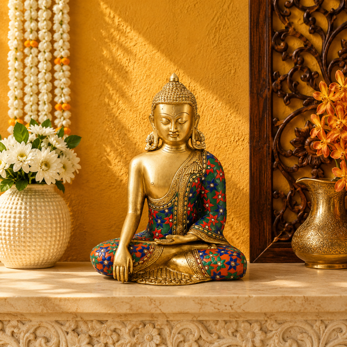 पीतल भूमिस्पर्श बहुरंगी बुद्ध वज़न 6 किग्रा और ऊँचाई 12 इंच