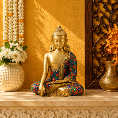 पीतल भूमिस्पर्श बहुरंगी बुद्ध वज़न 6 किग्रा और ऊँचाई 12 इंच