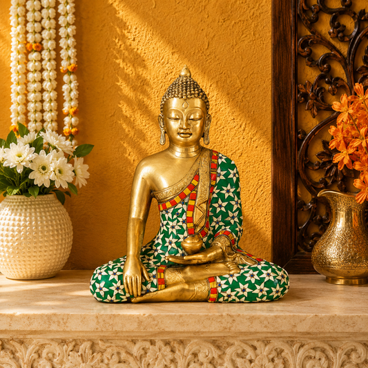 Brassaura® Buddha Sitting in Bhumisparsha Mudra with Green, White & Red Floral Inlay and Antique Gold Finish | Pure Superfine Brass Handcrafted Murti | Brass Statue for Home Temple, Pooja Room | Height 14 Inches | Weight 8 Kgs