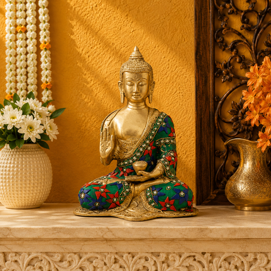 Brassaura® Buddha Sitting in Abhaya Mudra with Green, Red & Blue Floral Inlay and Antique Gold Finish | Pure Superfine Brass Handcrafted Murti | Brass Statue for Home Temple, Pooja Room | Height 8 Inches | Weight 2.1 Kgs
