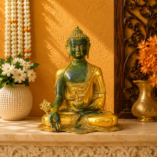 Brassaura® Buddha Sitting in Bhumisparsha Mudra with Green & Gold Two-Tone Finish and Intricate Detailing | Pure Superfine Brass Handcrafted Murti | Brass Statue for Home Temple, Pooja Room | Height 16 Inches | Weight 10 Kgs