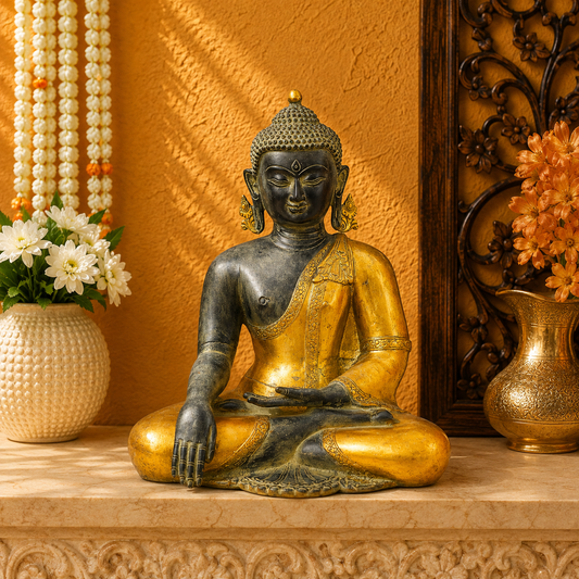 Brassaura® Buddha Sitting in Bhumisparsha Mudra with Antique Silver & Gold Two-Tone Finish | Pure Superfine Brass Handcrafted Murti | Brass Statue for Home Temple, Pooja Room | Height 20 Inches | Weight 19 Kgs