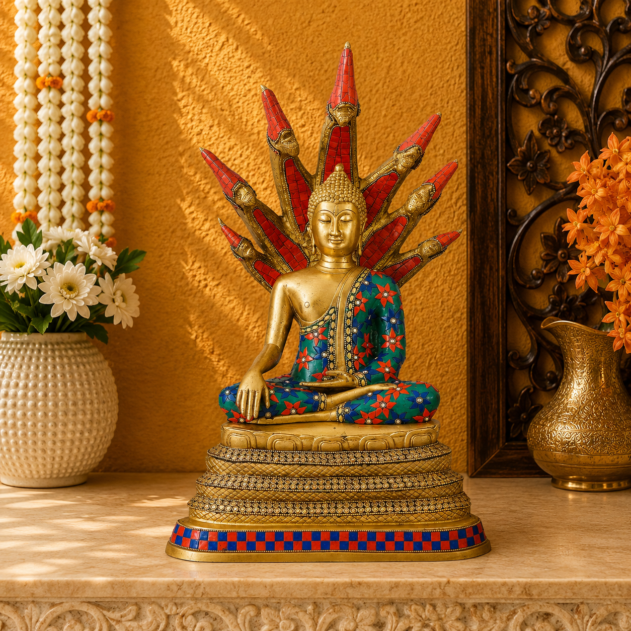 Brassaura® Buddha Sitting in Bhumisparsha Mudra with Multicolour Floral Inlay and Serpent Canopy | Pure Superfine Brass Handcrafted Murti | Brass Statue for Home Temple, Pooja Room | Height 20 Inches | Weight 12 Kgs