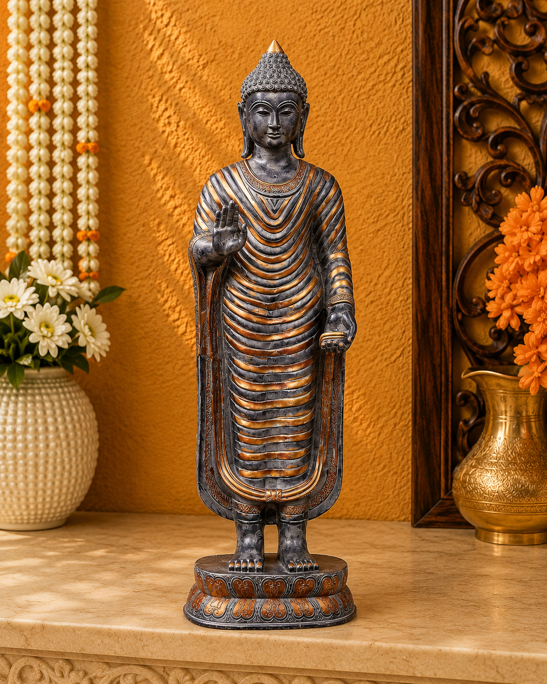 पीतल की आशीर्वाद मुद्रा में खड़े बुद्ध का वज़न 32 किग्रा और ऊँचाई 41 इंच