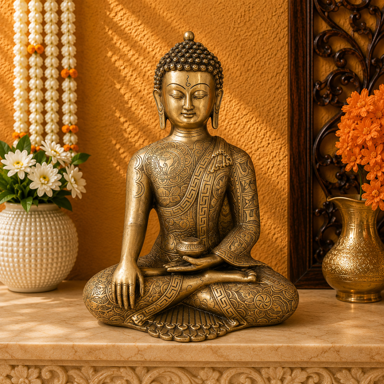 पीतल की भूमिस्पर्श बुद्ध मूर्ति, वज़न 6.2 किलोग्राम और ऊंचाई 12 इंच