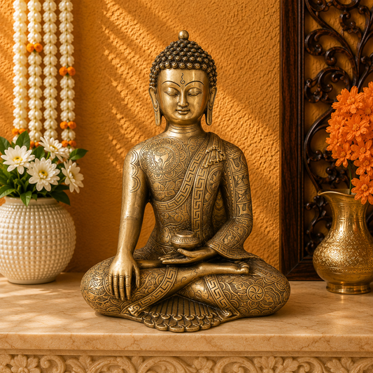 Brassaura® Buddha Sitting in Bhumisparsha Mudra with Intricate Engraved Robe Detailing and Antique Gold Finish | Pure Superfine Brass Handcrafted Murti | Brass Statue for Home Temple, Pooja Room | Height 12 Inches | Weight 6.2 Kgs
