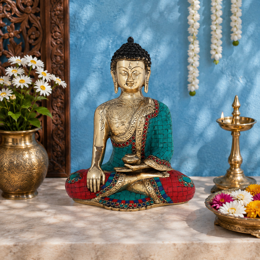 Brassaura® Buddha Sitting in Bhumisparsha Mudra with Turquoise, Red & Blue Inlay and Silver & Gold Finish | Pure Superfine Brass Handcrafted Murti | Brass Statue for Home Temple, Pooja Room | Height 12 Inches | Weight 6.2 Kgs