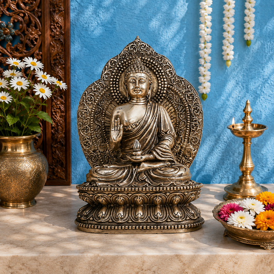 Brassaura® Buddha Sitting in Abhaya Mudra with Ornate Aureole and Antique Gold Finish | Pure Superfine Brass Handcrafted Murti | Brass Statue for Home Temple, Pooja Room | Height 10.5 Inches | Weight 4.7 Kgs