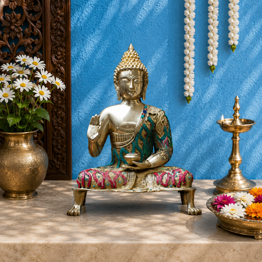 Brassaura® Buddha Sitting in Abhaya Mudra with Turquoise & Pink Inlay and Silver & Gold Finish | Pure Superfine Brass Handcrafted Murti | Brass Statue for Home Temple, Pooja Room | Height 20 Inches | Weight 10.5 Kgs