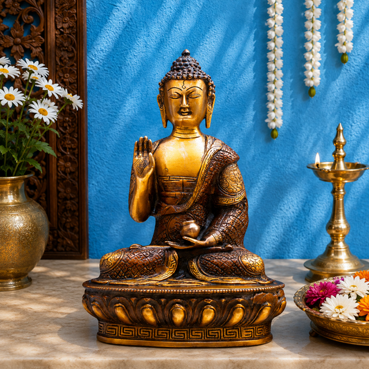 Brassaura® Buddha Sitting in Abhaya Mudra with Antique Brown & Gold Finish and Intricate Robe Detailing | Pure Superfine Brass Handcrafted Murti | Brass Statue for Home Temple, Pooja Room | Height 13 Inches | Weight 4.5 Kgs