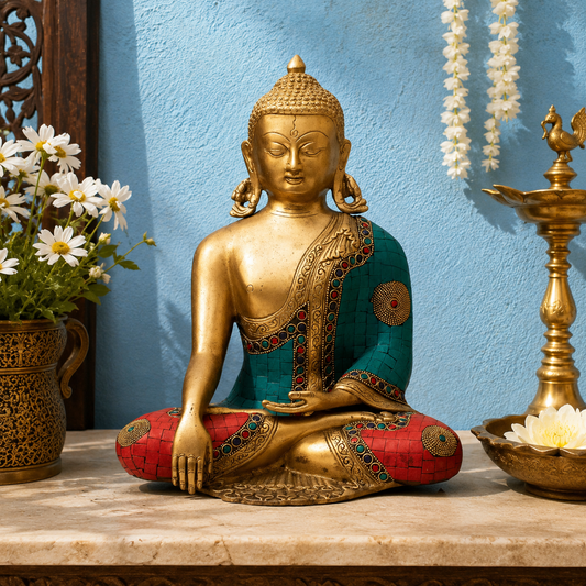 Brassaura® Buddha Sitting in Bhumisparsha Mudra with Turquoise & Red Inlay and Antique Gold Finish | Pure Superfine Brass Handcrafted Murti | Brass Statue for Home Temple, Pooja Room | Height 13 Inches | Weight 6.5 Kgs