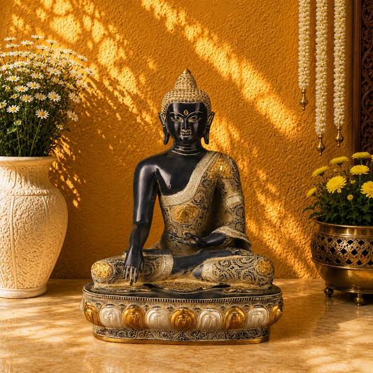 Brassaura® Buddha Bhumisparsha Mudra Sitting Idol with Black, Silver & Gold Finish and Intricate Robe Detailing | Pure Superfine Brass Handcrafted Murti | Brass Statue for Home Temple, Pooja Room | Height 22 Inches | Weight 23 Kgs