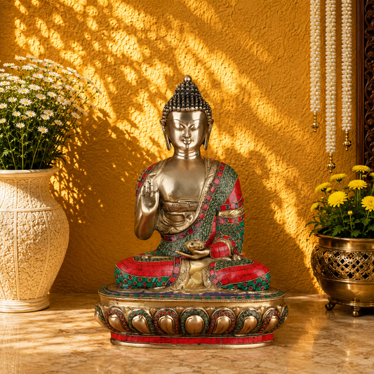 Brassaura® Buddha Sitting in Blessing Mudra Idol with Red & Green Gem Stone Work and Antique Gold Finish | Pure Superfine Brass Handcrafted Murti | Brass Statue for Home Temple, Pooja Room | Height 17 Inches | Weight 11.2 Kgs