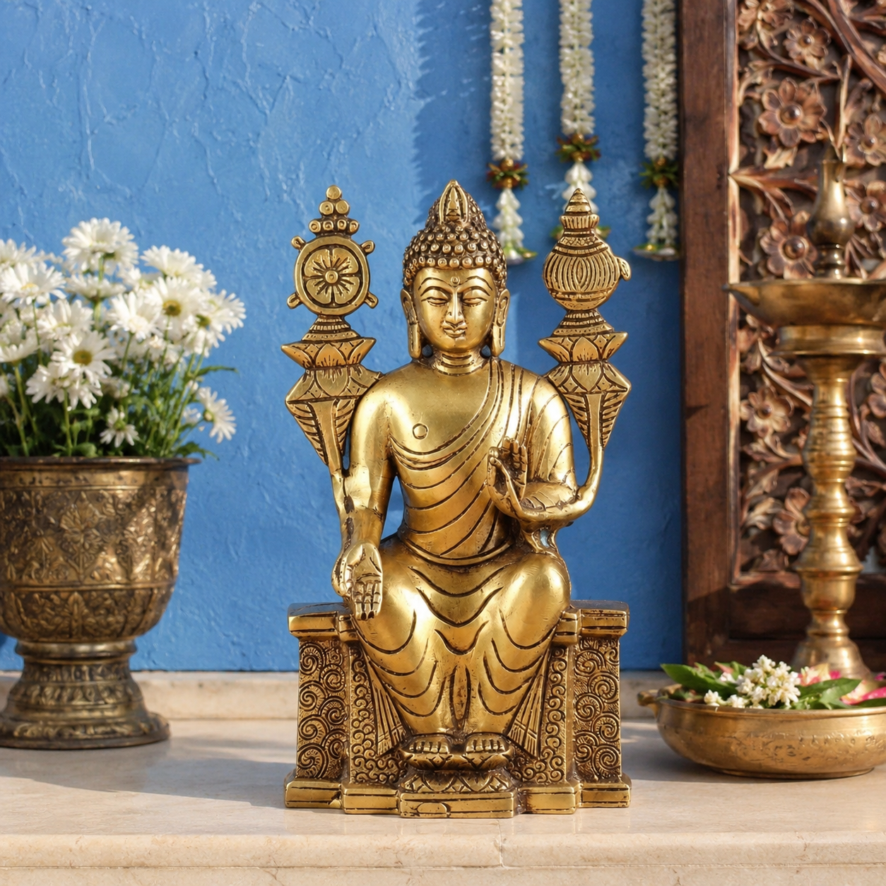 पीतल की बुद्ध प्रतिमा का वज़न 3.1 किग्रा और ऊँचाई 10 इंच