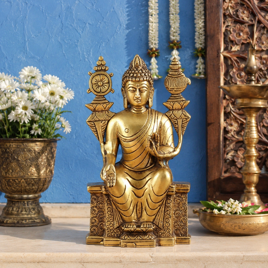 Brassaura® Buddha Standing in Blessing Pose Idol with Lotus Motifs and Antique Gold Finish | Pure Superfine Brass Handcrafted Murti | Brass Statue for Home Temple, Pooja Room | Height 10 Inches | Weight 3.1 Kgs