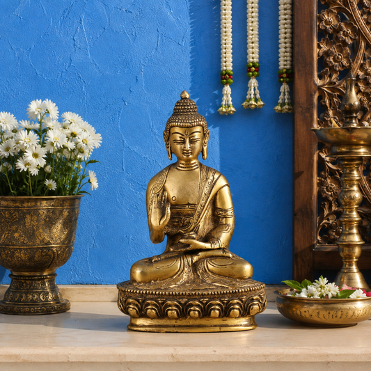 Brassaura® Buddha Sitting with Lotus Flower and Ornate Lotus Base in Antique Gold Finish | Pure Superfine Brass Handcrafted Murti | Brass Statue for Home Temple, Pooja Room | Height 7 Inches | Weight 1.3 Kgs