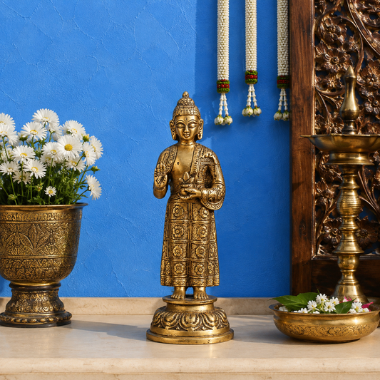 Brassaura® Buddha Standing in Blessing Pose Idol with Intricate Floral Robe Detailing and Antique Gold Finish | Pure Superfine Brass Handcrafted Murti | Brass Statue for Home Temple, Pooja Room | Height 8 Inches | Weight 1 Kg