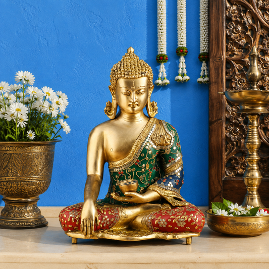 Brassaura® Buddha Bhumisparsha Mudra Sitting Idol with Green & Red Gem Stone Work and Antique Gold Finish | Pure Superfine Brass Handcrafted Murti | Brass Statue for Home Temple, Pooja Room | Height 15 Inches | Weight 10.5 Kgs