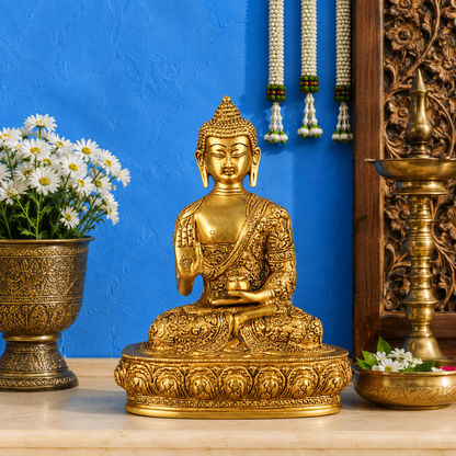 पीतल भूमिस्पर्श रॉयल गोल्डन बुद्ध वज़न 2.7 किग्रा और ऊंचाई 9.5 इंच