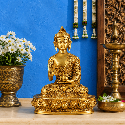 Brassaura® Buddha Sitting in Blessing Mudra Idol with Intricate Floral Robe Detailing and Antique Gold Finish | Pure Superfine Brass Handcrafted Murti | Brass Statue for Home Temple, Pooja Room | Height 9.5 Inches | Weight 2.7 Kgs