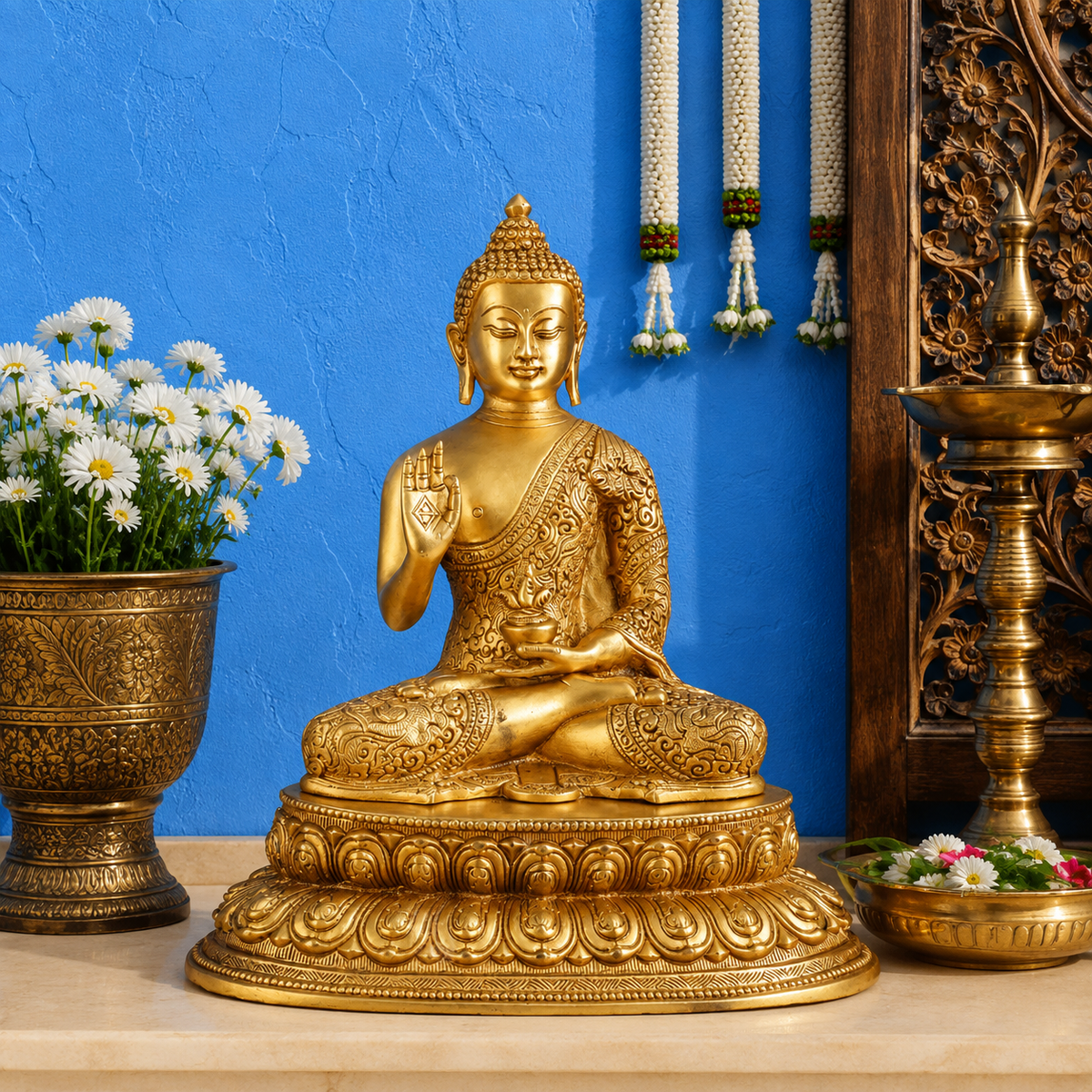 पीतल आशीर्वाद बुद्ध, वज़न 7 किलोग्राम और ऊँचाई 12.5 इंच