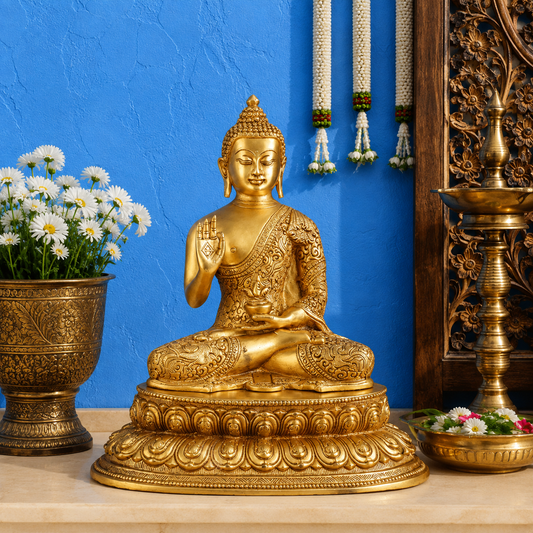 Brassaura® Buddha Sitting in Blessing Mudra Idol with Intricate Floral Robe Detailing and Antique Gold Finish | Pure Superfine Brass Handcrafted Murti | Brass Statue for Home Temple, Pooja Room | Height 9.5 Inches | Weight 2.7 Kgs